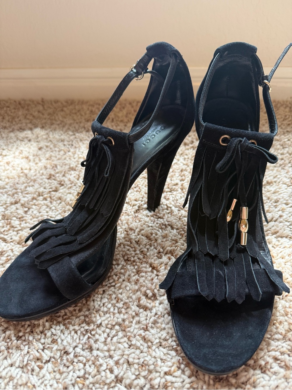 Gucci Black Suede Fringe T-Strap High Heel Sandals, Size 10B, Made in Italy
